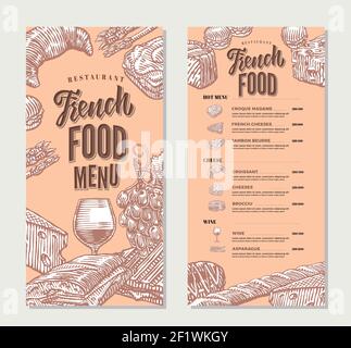 French food restaurant menu vintage template with main meals cheese dishes and alcohol drink vector illustration Stock Vector