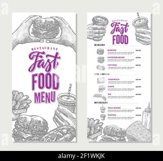 Vintage fast food restaurant menu template with different dishes meals and drinks in sketch style vector illustration Stock Vector