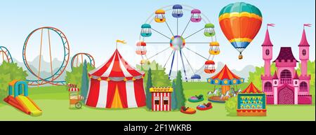 Amusement park concept of extreme and entertainment attractions on background of summer natural landscape Stock Vector