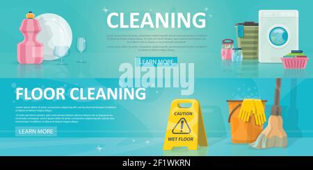 Cleaning service horizontal banners with dish washing sweeping laundry and household equipment vector illustration Stock Vector