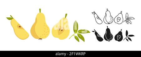 Pear cartoon set line icon, black glyph style. Summer pears icon collection flat food. Comic hand drawn design for packaging card poster label. Organic healthy peach Isolated vector illustration Stock Vector