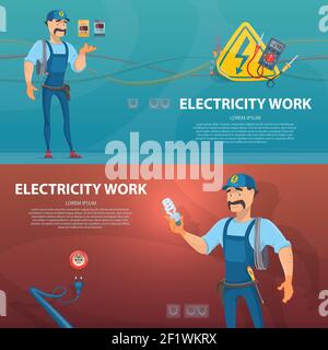 Colorful electricity work horizontal banners with electrician and different electric tools vector illustration Stock Vector