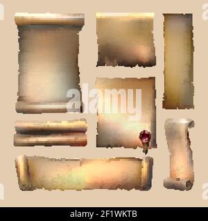 Old paper scroll set with sheets of different size wax seal on beige Stock Vector