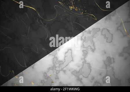 Abstract black and white marble stone background illustration with elegant gold texture. Vintage luxury template, empty copy space marbled granite mat Stock Vector