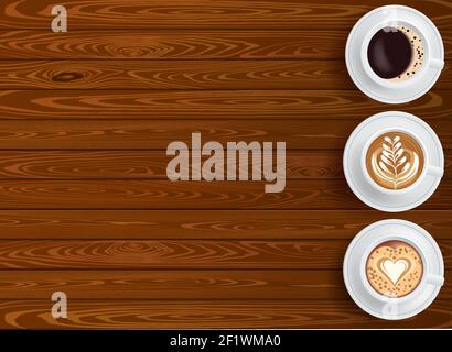 Background with three cups of coffee on wood table top view with place for text editabl Stock Vector
