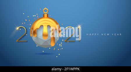 Happy New Year 2021 greeting card of luxury low poly white bauble ball ornament in realistic 3d style with melted gold. Elegant celebration invitation Stock Vector