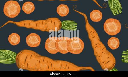 Fresh organic vegetables pattern with natural carrot and slices on dark Stock Vector