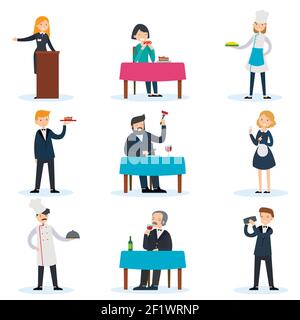 People in restaurant set with administrator chef cook waiter waitress bartender critic and customers isolated Stock Vector