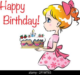 cartoon beautiful girl hold birthday cake Stock Photo - Alamy