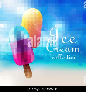 Colorful ice cream products concept with popsicles flavor on blue glowing Stock Vector