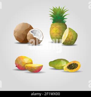 Colorful geometric polygonal fruits set with coconut pineapple mango and passionfruit on gray Stock Vector