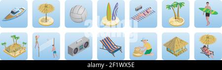 Isometric summer beach vacation icons set Stock Vector