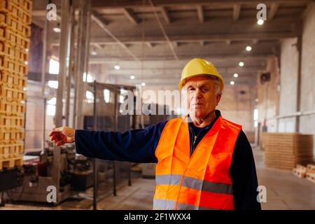 Portrait of senior carpenter in hard hat Stock Photo