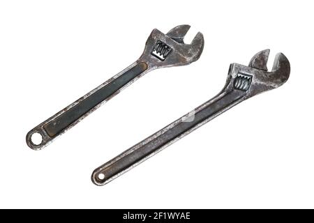 Old adjustable keys isolated on a white background. High detail photo. Stock Photo
