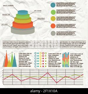 Flat chart infographic with different charts and graphs in background with effect of crumpled paper vector illustration Stock Vector