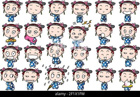 Vector cartoon china girl emoji set Stock Vector