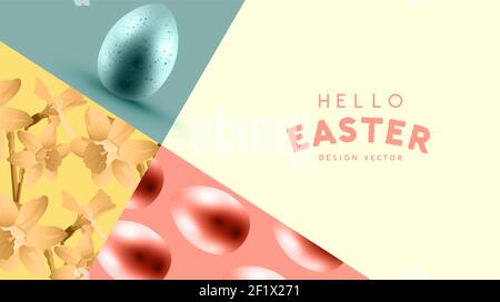 Easter abstract background layout with easter eggs and spring flowers. vector illustration Stock Vector