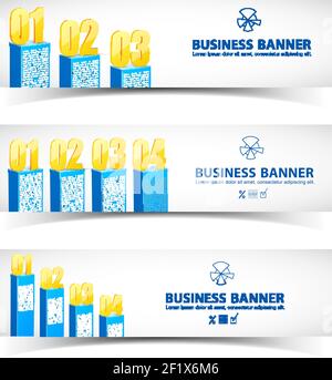 Business chart infographics with horizontal banners blue graphs gold numbers and place for text isolated vector illustration Stock Vector