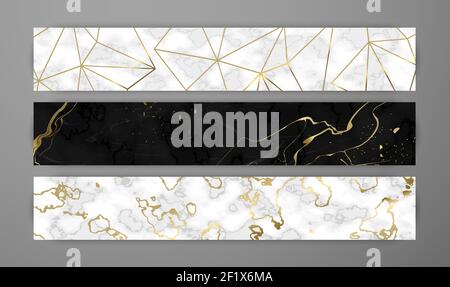 Luxury black and white marble design set. Slim web banner collection with elegant gold marbled texture for online background, VIP party or fashion pro Stock Vector