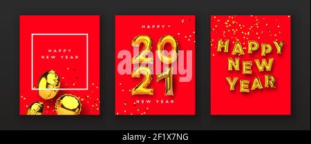Happy New Year 2021 greeting card set of realistic 3d gold foil balloon on festive red background with party confetti. Mylar balloons typography sign Stock Vector
