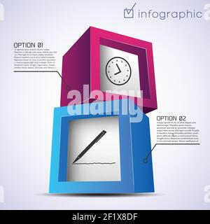 Abstract infographic template with 3d colorful bricks clock pen two options on light background isolated vector illustration Stock Vector