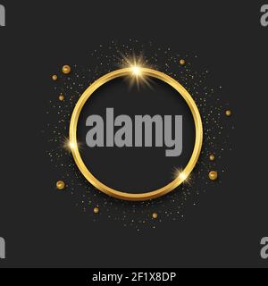 Realistic gold 3d circle frame on isolated black background with golden glitter dust and luxury pearls. Empty metallic round border, copy space templa Stock Vector