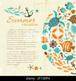 Summer vacation paper background in grunge style with marine icons and sea  inhabitants cartoon objects flat vector Illustration Stock Vector