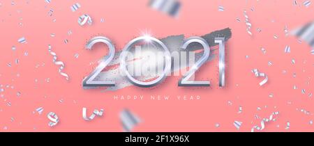 Happy New Year 2021 web banner illustration. Realistic 3d silver number date sign on pastel pink background with party confetti falling. Trendy fashio Stock Vector