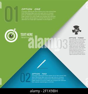 Geometric infographic concept with three options text and target pen pie chart flat icons vector illustration Stock Vector