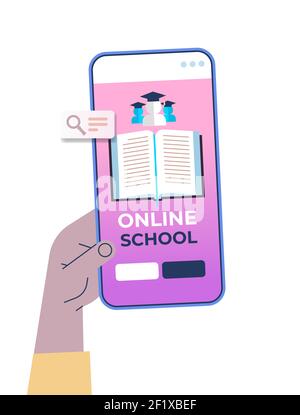 human hand using digital mobile app distance education online school e-learning social distance concept open book on smartphone screen vertical vector illustration Stock Vector
