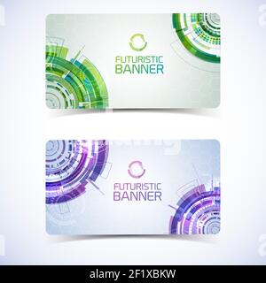 Set of two isolated modern virtual technology horizontal banners with decorative gradient stamps detailed futuristic circles vector illustration Stock Vector