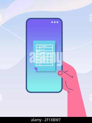 human hand using mobile app online data statistics remote business control on smartphone screen vector illustration Stock Vector