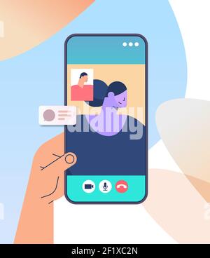 human hand using mobile app for virtual conference meeting friends discussing during video call on smartphone screen vertical vector illustration Stock Vector