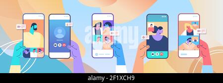 human hands using mobile app for virtual conference meeting friends discussing during video call on smartphone screens horizontal vector illustration Stock Vector