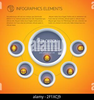 Abstract business infographics with circle diagram text icons five options on light orange background isolated vector illustration Stock Vector