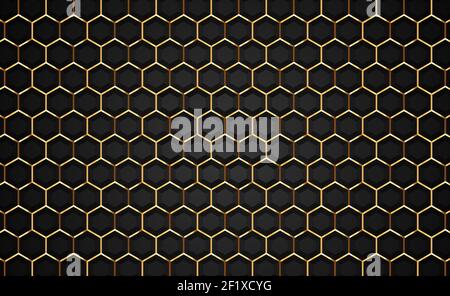 Gold and black luxury 3d background illustration, geometric hexagon shape backdrop. Empty honeycomb grid texture, modern golden VIP futuristic design. Stock Vector