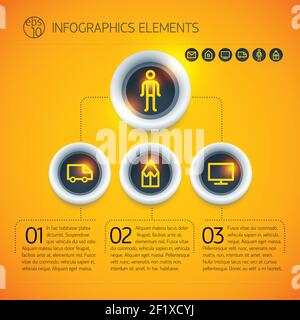 Business infographic diagram template with connected circles text and icons on bright orange background isolated vector illustration Stock Vector