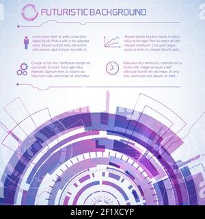 Modern virtual technology background with half of futuristic detailed circle and editable text paragraphs with decorative icons vector illustration Stock Vector