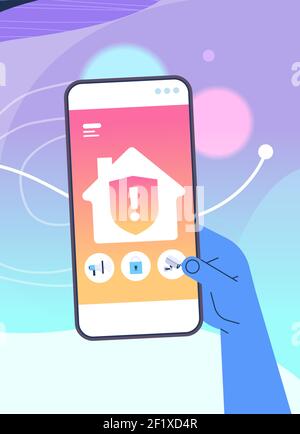 human hand using mobile app for smart house system control on smartphone screen technology and lifestyle concept vertical vector illustration Stock Vector