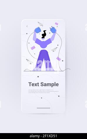 businesswoman connecting electrical plug with socket business connection new project startup concept vertical full length copy space vector illustration Stock Vector
