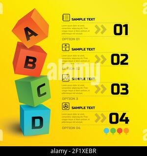 Infographic geometric concept with four 3d squares text line icons on light yellow background vector illustration Stock Vector