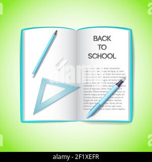 Education light template with book pencil pen ruler on green background isolated vector illustration Stock Vector