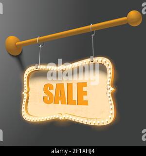 Neon bright signboard poster with sale inscription and glowing lamps hanging on chains vector Illustration Stock Vector