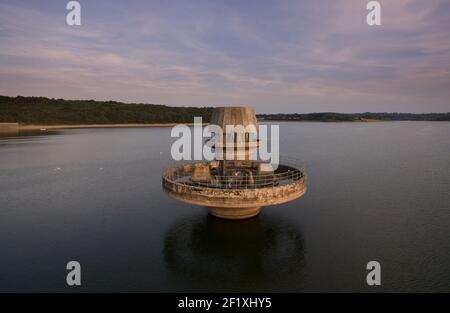 Aerial view of Bewl water reservoir overflow towers in Lamberhurst, Kent, England Stock Photo