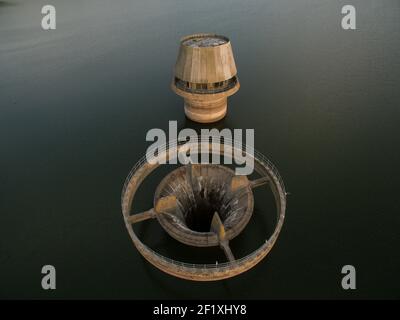 Aerial view of Bewl water reservoir overflow towers in Lamberhurst, Kent, England Stock Photo