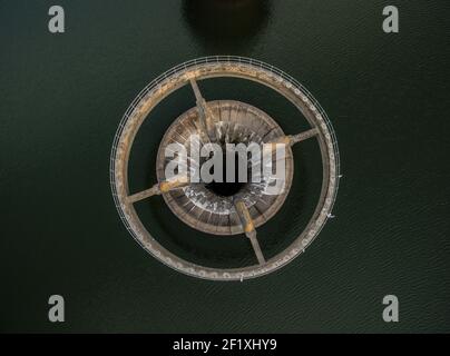 Aerial view of Bewl water reservoir overflow towers in Lamberhurst, Kent, England Stock Photo