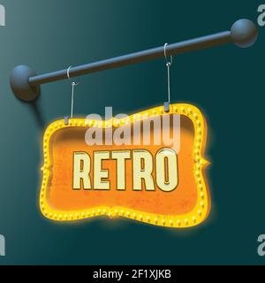 Bright retro signboard with gold metal rim and neon bulbs hanging on chains vector Illustration Stock Vector