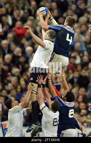 France's Pascal Pape is challenged by New Zealand's Brodie Retallick during the rugby union test match 2013 between France and New Zealand on November 9, 2013 in Saint Denis, France. Photo Philippe Millereau / KMSP / DPPI Stock Photo