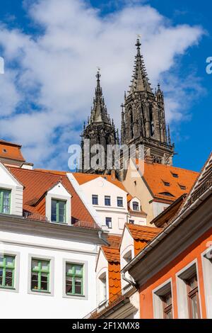 Historic buildings in Meissen with the cathedral behind Stock Photo