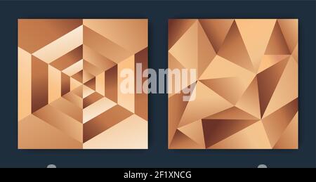 Abstract copper background illustration set. Luxury bronze or rose gold geometric shape design collection, elegant 3D low poly backdrop bundle. Stock Vector